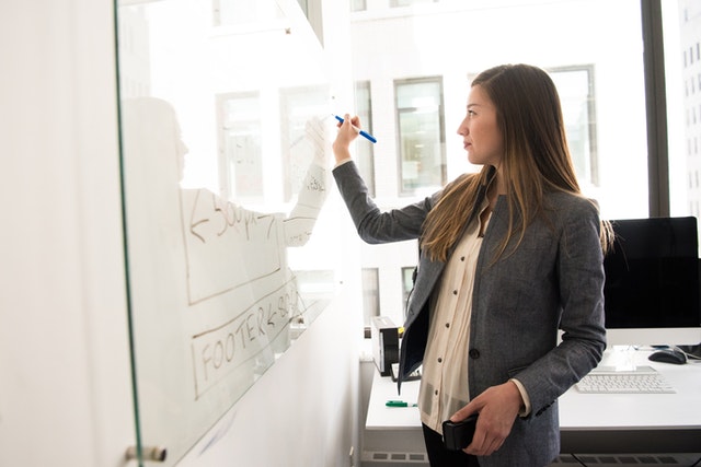 Business woman writing on a whiteboard