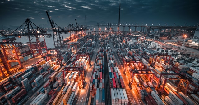 Lot of cargo freight containers at a sea port