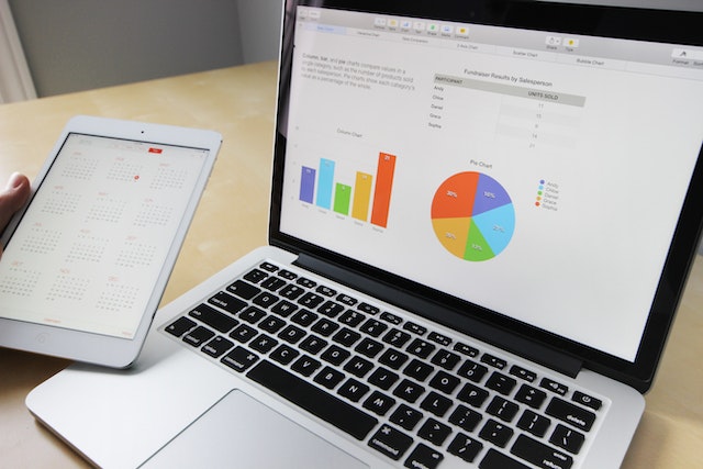 Laptop computer and tablet with financial charts