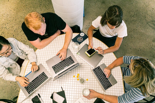 People working with laptops open