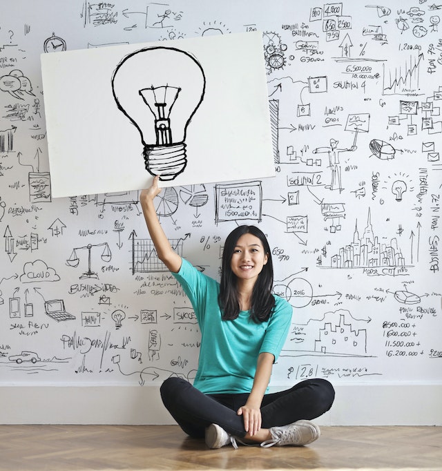 Women holding a drawing of a lightbulb