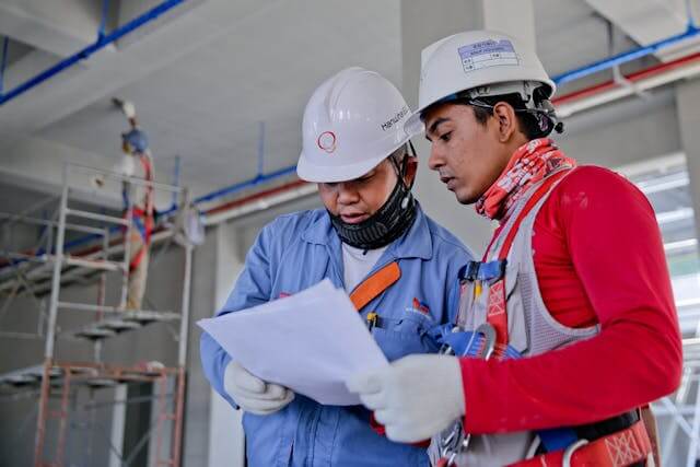 Two constructions workers looking over some paperwork